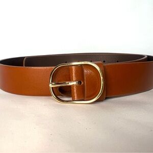 Halogen Cognac Leather Belt Gold Oval Buckle Minimalist Classic M